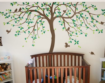 Baby Nursery Tree Wall Decal Huge Kids room Tree Leaves and Birds Decor Large Tree Mural Whimsical Tree Wall Sticker - NT033