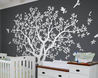 Large Tree wall decal White Tree Wall Decal Wall Mural Stickers Wall Decals Decor Nursery Tree and Birds Wall Art Tattoo Nature  - NT040