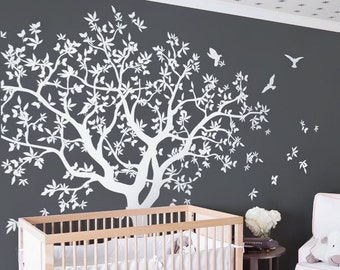 Adesivo de parede de vinil com árvore genealógica branca grande com adesivos de pássaros, decalque, mural, revestimento de parede - NT040