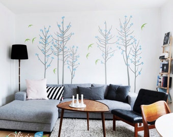 Set of  Tree vinyl wall decals with birds mural, swallows wall stickers -NT025