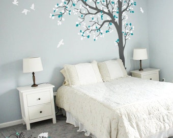 Large Baby nursery Tree vinyl wall decal, removable tree sticker with birds -NT023