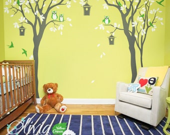 Baby Nursey Tree Wall Decal Tree with Owls, bird cages and Birds Nursery Decor Large Tree Mural Color Whimsical Tree Wall Sticker - NT035