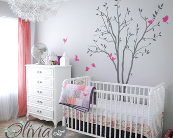 Baby Nursery Tree wall decal large color wall decals wall decor wall mural tree shape kids room wall decoration pink birds sticker - NT026
