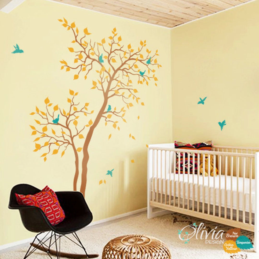 Baby Nursery Forest Tree Vinyl Wall Decal With Birds Mural, Kids Room ...