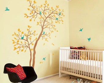 Baby nursery Forest Tree vinyl wall decal with birds mural, kids room wall sticker -NT027