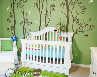 Set of Large Birch trees with flying birds nursery decoration for your baby room - Nursery Wall Tree Mural - Nursery Decoration - NT039