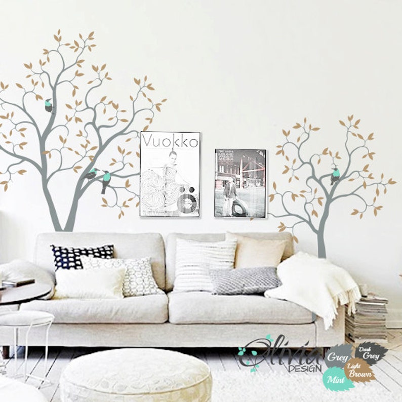 Set of Two Removable Tree vinyl wall decals with birds stickers mural-NT005