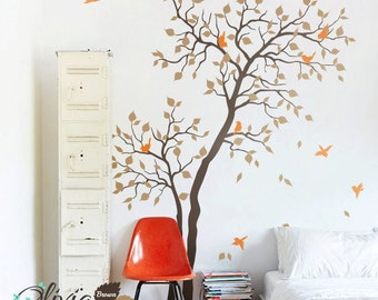 Large Forest Baby nursery Tree vinyl wall decal with birds mural, wall sticker -NT027