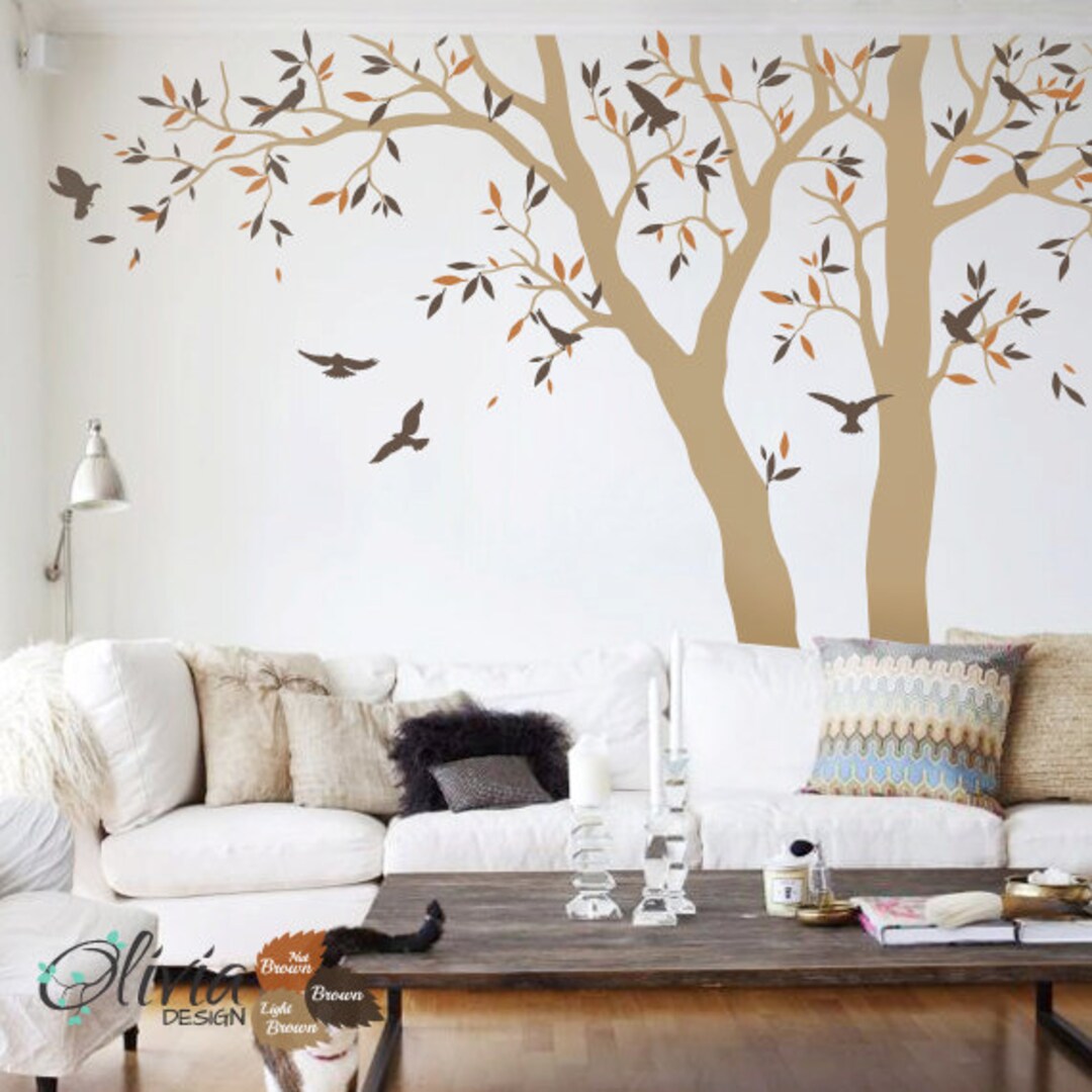 Set of Large Tree Vinyl Decals, Wall Decor Tree Sticker With Leaves and ...