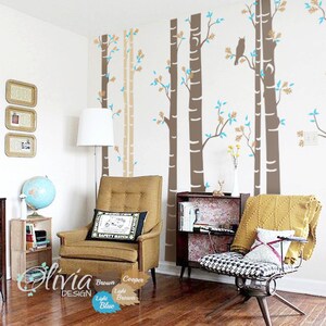 Set of 9 Large Birch Tree vinyl wall decal  with Owl -NT004