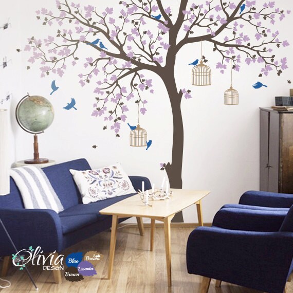 Baby Nursery Large White Tree Vinyl Wall Decal With Hot Pink Birds