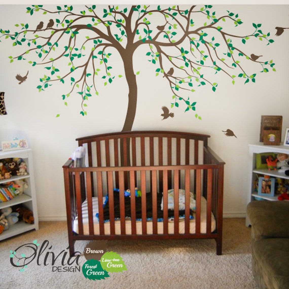 Baby Nursery Tree Wall Decal Huge Kids Room Tree Leaves and Birds Decor ...