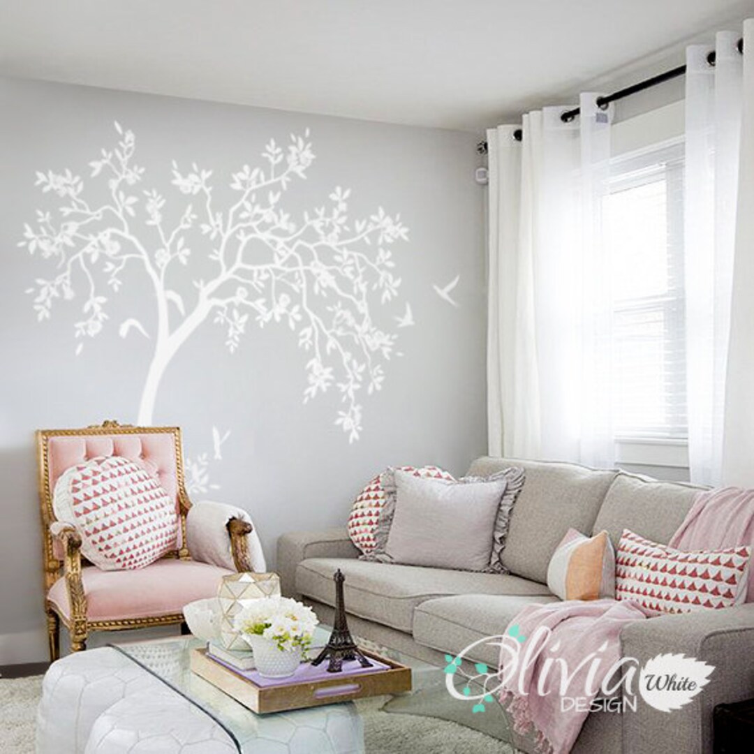 Large White Nursery Tree Wall Decal With Flowers, Birds and Leaves ...