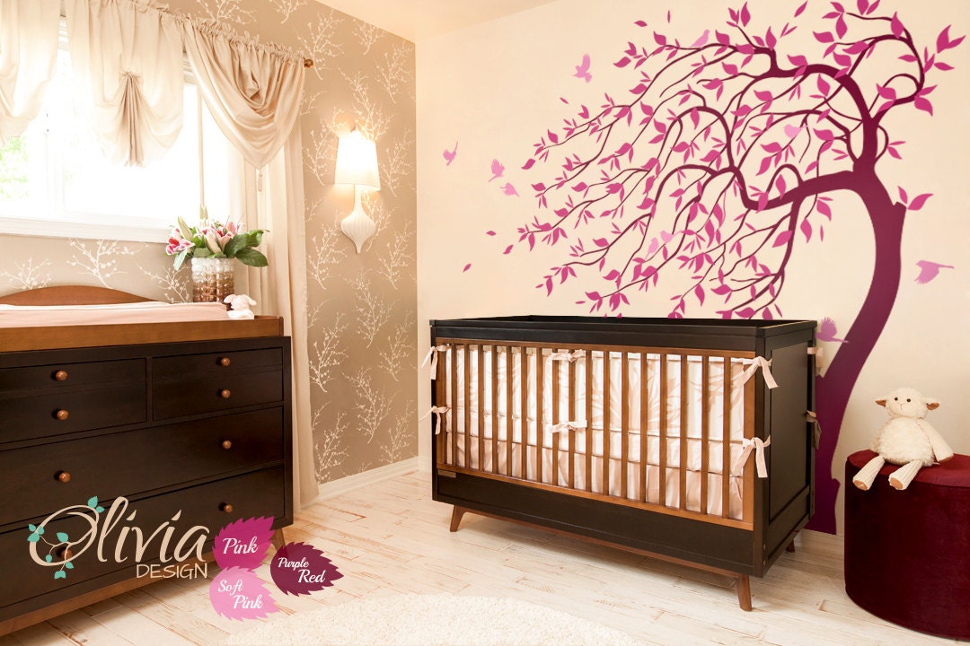 PINK Large Baby Nursery Blowing Vinyl Tree Wall Mural Decal Sticker ...