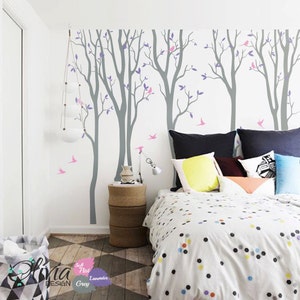 Set of Large Forest Spring Tree vinyl wall decals, swallows birds stickers -NT020