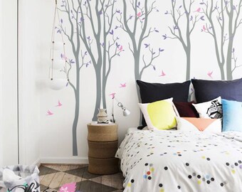 Set of Large Forest Spring Tree vinyl wall decals, swallows birds stickers -NT020