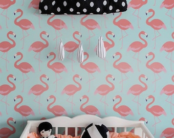 Self adhesive kids room wallpaper - PEEL and STICK Flamingos pattern vinyl Nursery wallpaper - OLB_033