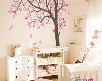 Large Baby nursery Tree vinyl wall decal, Home decor tree sticker with birds -NT023