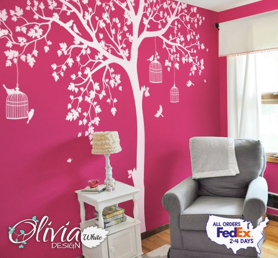 Baby Nursery Large White Tree Vinyl Wall Decal With Hot Pink Birds