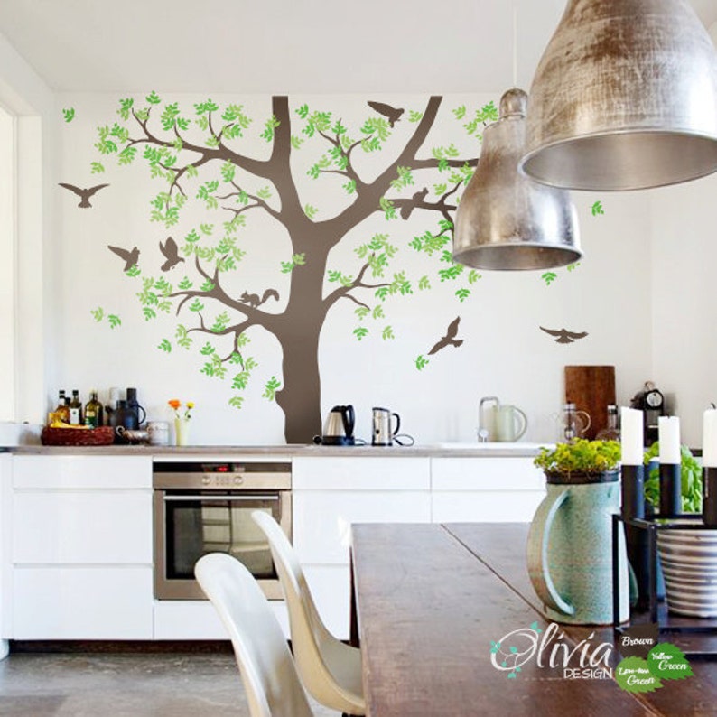 Large White Tree Wall Vinyl Decal With Birds and Squirrels -NT036 - Etsy