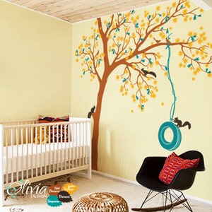 Large Maple Tree vinyl wall decal, Kids room Wall tree sticker with squirrels and a tire swing -NT016 R