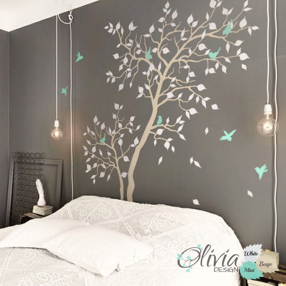 Large Forest Home Decor Tree Vinyl Wall Decal With Birds Etsy