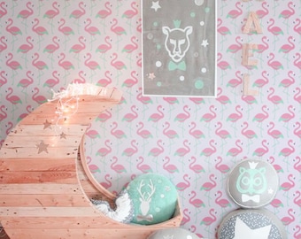 Flamingos Self adhesive kids room wallpaper - PINK PEEL and STICK vinyl Nursery wallpaper - Olb_032