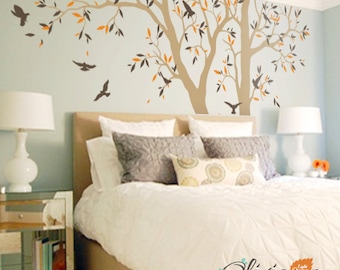 Set of 2 Large Tree vinyl  decals, Wall decor tree mural, leaves and birds  stickers - NT021