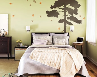 Baby nursery Large Pine Tree vinyl wall decal, Birds  mural, Removable Nature wall sticker - NT024