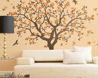 Large Wall  Tree vinyl decal with bird stickers, nature  mural -NT040