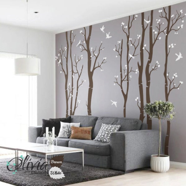 Large Birch Tree vinyl wall decals with birds stickers - NT015