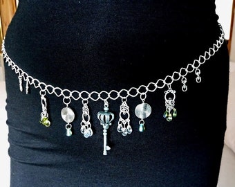 Perfect gift, fashion accessory jewelry belt, green and transparent glass charms, silver acrylic, silver chain, large key