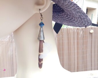 Perfect gift, natural, long earrings with feathers, caged imperial sea urchin tips and paper beads