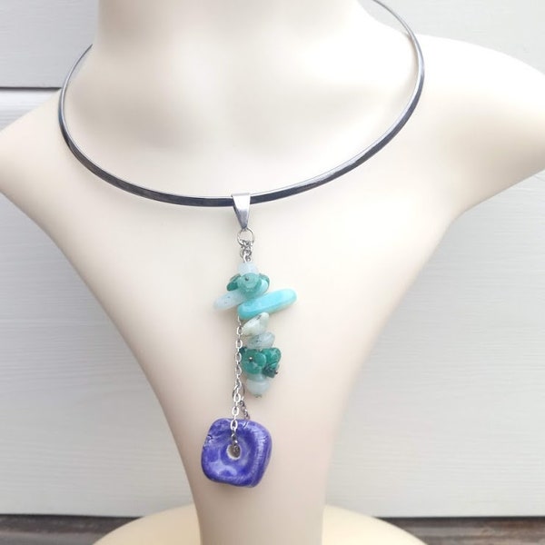 Perfect gift, flat black metal choker necklace with blue ceramic pendant, amazonite and malachite chips, fine silver chain