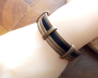 Perfect gift, black leather and bronze imitation leather cuff bracelet, bronze metal extension chain and gold lobster clasp