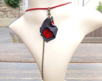 Perfect gift, red and black ceramic pendant necklace, bronze metal chain, red suede choker