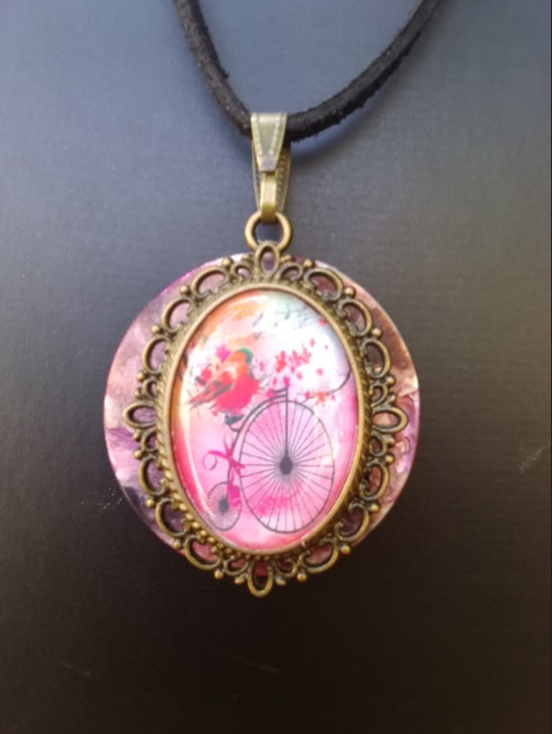Pink double-sided necklace reversible pendant necklace baroque style necklace purple mother-of-pearl necklace leather neck collar