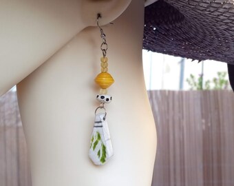 Perfect gift, yellow and green earrings, PerlaYo raku ceramic and varnished paper, stainless steel hooks