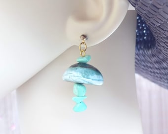 May include: Turquoise and blue gemstone earrings with a gold hook. The earrings feature a large, round, blue and white gemstone with smaller turquoise gemstones hanging below.