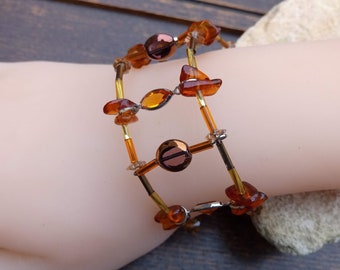 Perfect gift, double row cuff bracelet, resin, orange crystal, golden tube seed and taupe glass beads, without clasp