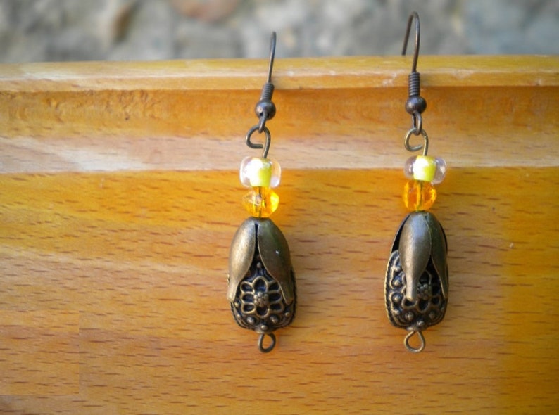 mid-length earrings chic tribal earrings Yellow bronze earring original earring antique earrings
