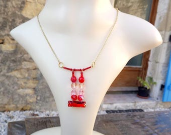 Faceted glass and red seed bead necklace, bright red baguette crystal cabochon, pink acrylic, very fine gold chain