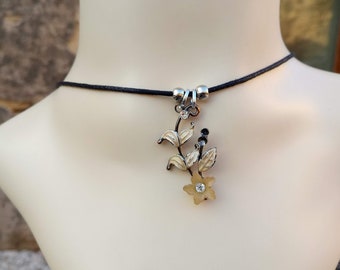 Perfect gift, romantic ivory enamel and rhinestone pendant necklace, flower and leaf pattern, black waxed cotton cord, carabiner