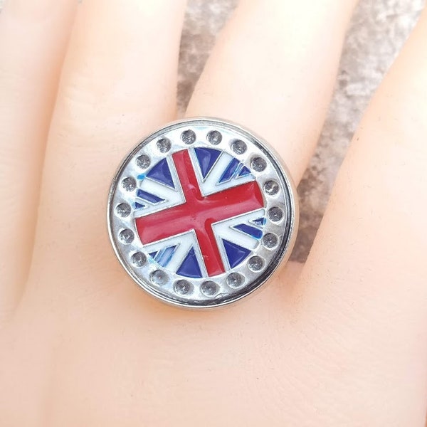 Cadeau parfait, Grande bague bouton émail cabochon drapeau anglais, support ajustable en métal argenté