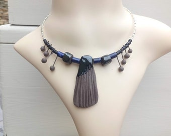 Perfect gift, baroque lapis lazuli necklace, wood, seed beads and ceramic beads, memory wire choker, toggle clasp