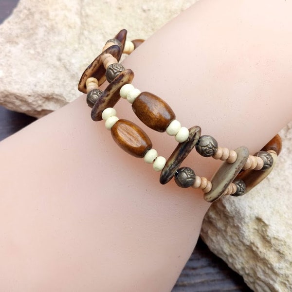 Perfect gift, natural wood and bronze metal cuff bracelet, two rows without clasp, with acacia seeds