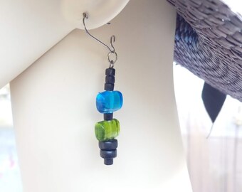 Perfect Gift, Glamorous Retro Long Earrings, Green and Blue Lampwork Glass, Hypoallergenic Stainless Steel Hooks