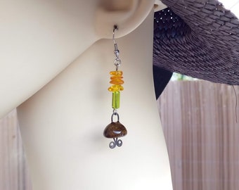 Perfect gift, real resin chip earrings, green glass tube beads, brown raku ceramic, stainless steel fasteners