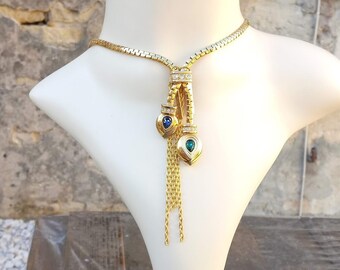 Perfect Gift, Gold Jewelry Style Necklace, Gold Pendant with Blue and Green Rhinestones, Gold Lobster Clasp