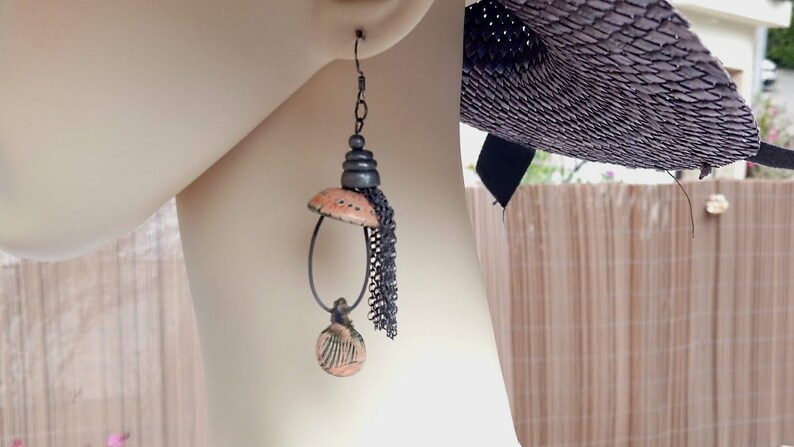 Long ceramic earrings and aged silver metal with silver ties 925